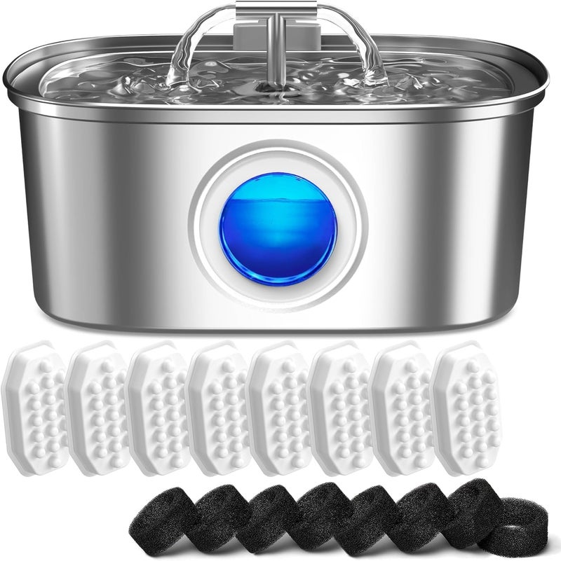 Rellaty Cat Water Fountain Stainless Steel: 108oz/3.2L Automatic Pet Water Fountain - Dog Water Dispenser with Water Level Window - for Cats Inside with 8 Replacement Filters - Image 1